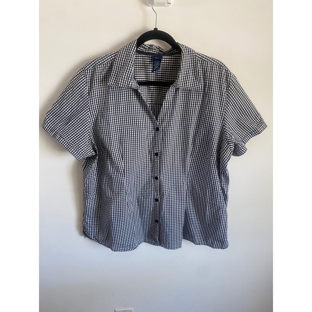 Basic Editions Womens XL Navy Blue Gingham Check Short Sleeve Button Down Shirt